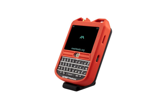 Red and black handheld device with keyboard on a white background