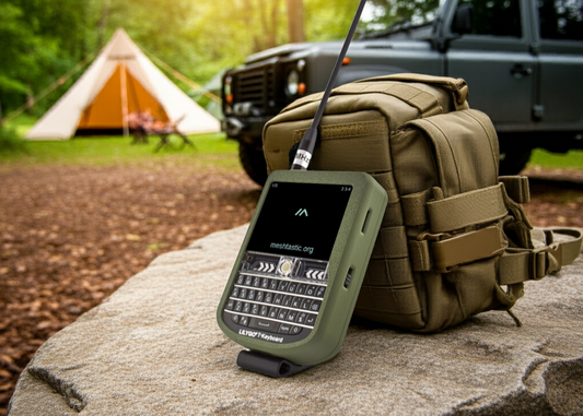 Portable radio device on a rock with a backpack and camping scene in the background