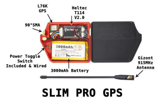 SLIM PRO GPS device with labeled components on a white background
