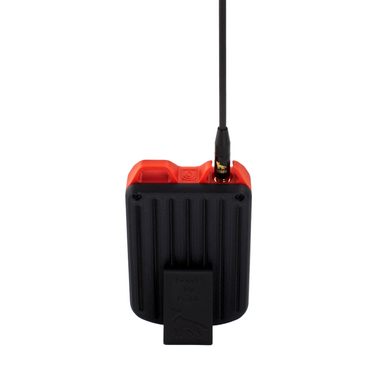 MakerNova Red Updated T-Deck Meshtastic case back on stand with 915mhz Antenna installed