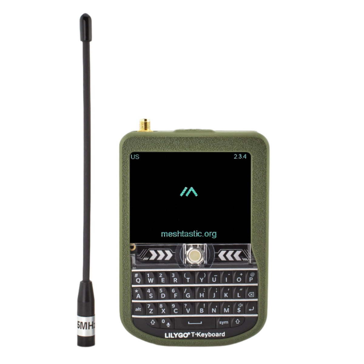 MakerNova green T-Deck Meshtastic case with keyboard and 915MHz antenna