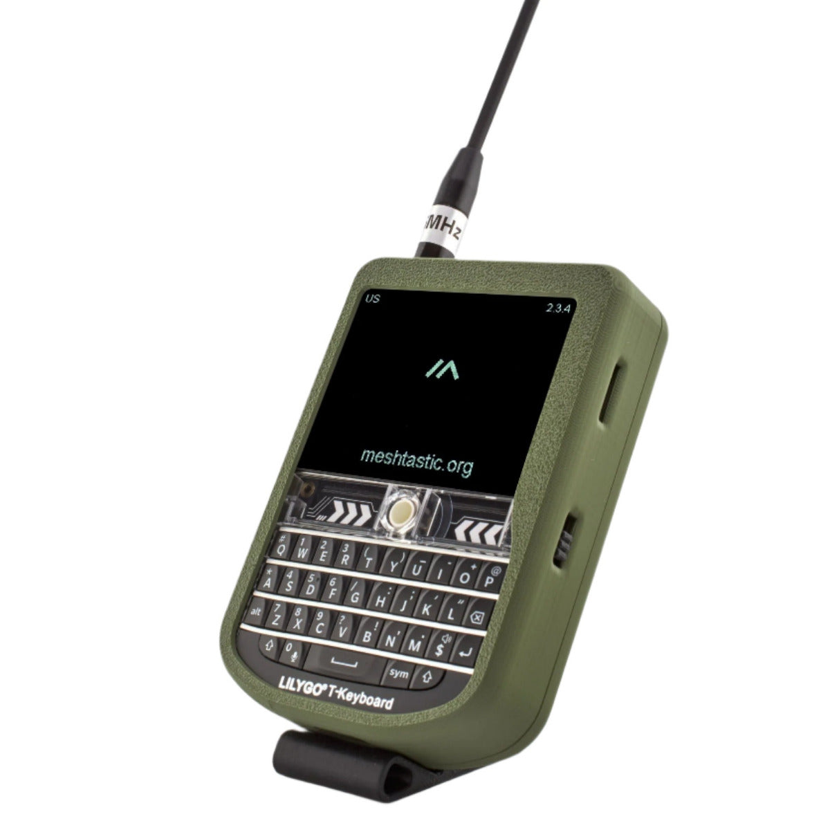 MakerNova green T-Deck Meshtastic case with keyboard and 915MHz antenna