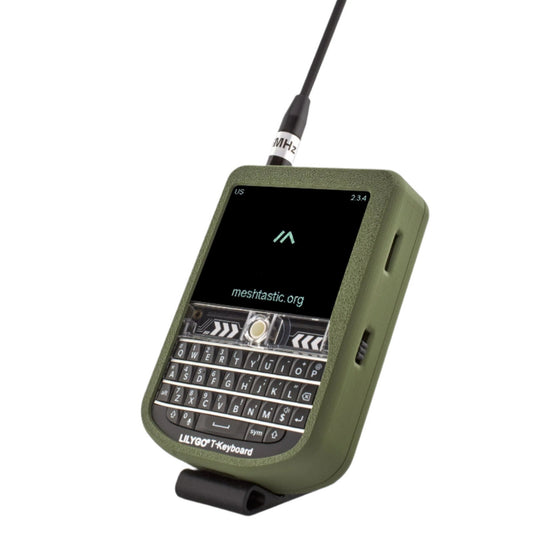 MakerNova green T-Deck Meshtastic case with keyboard and 915MHz antenna
