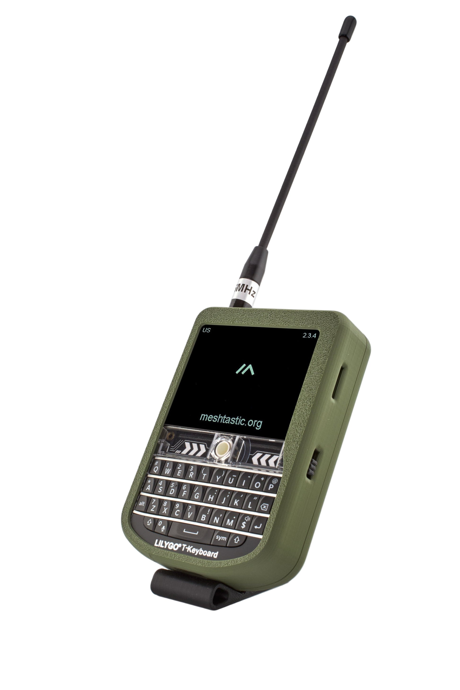 Green handheld device with keyboard and antenna on a white background