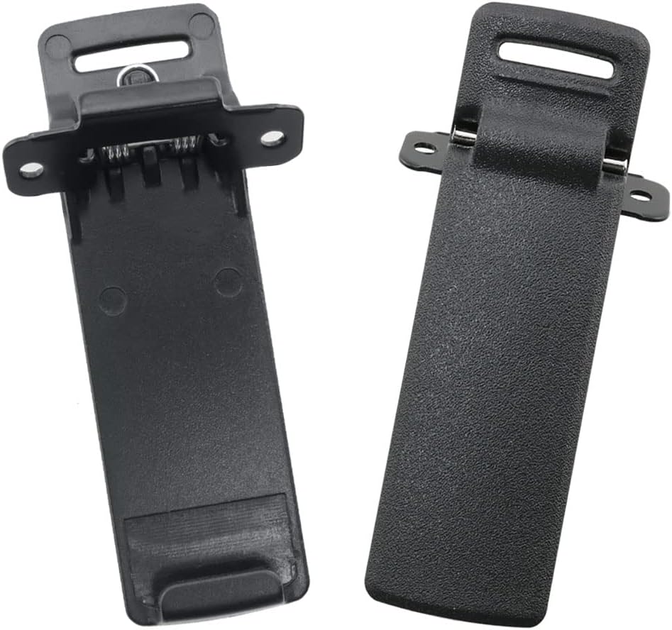 Two black plastic clips on a white background for baofeng uv5r