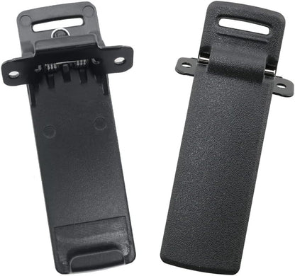Two black plastic clips on a white background for baofeng uv5r
