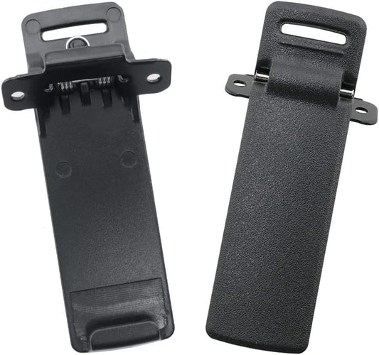 Two black plastic clips on a white background for baofeng uv5r