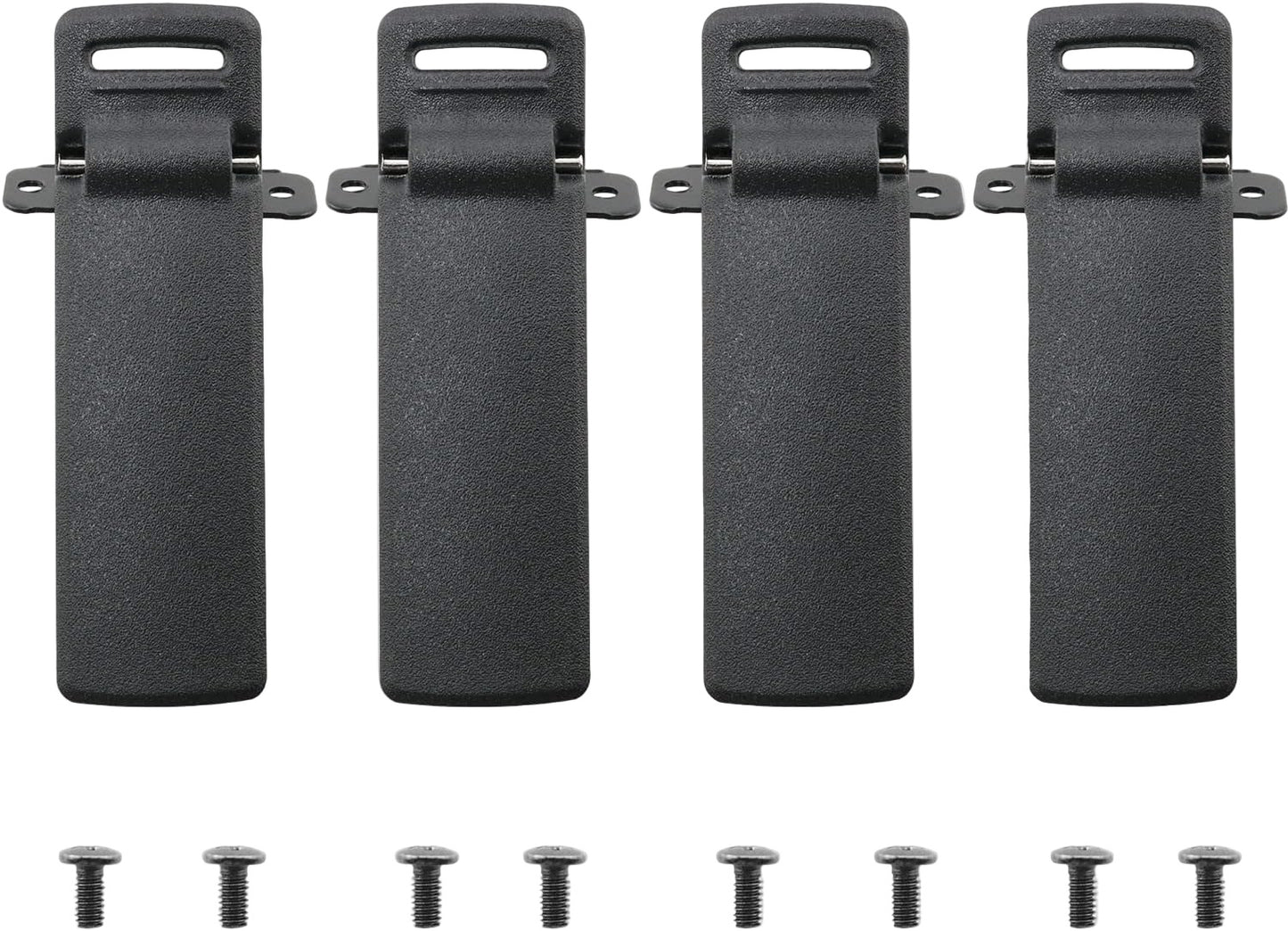 Four black plastic clips with screws on a white background for baofeng uv5r