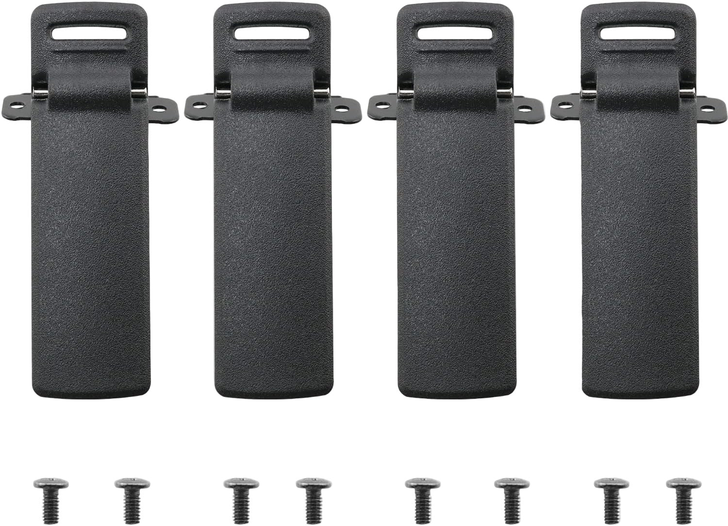 Four black plastic clips with screws on a white background for baofeng uv5r