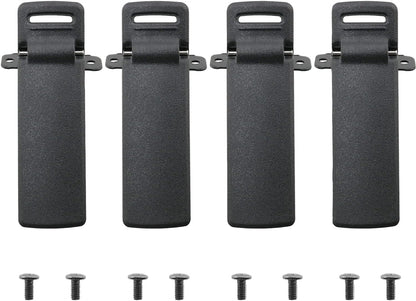 Four black plastic clips with screws on a white background for baofeng uv5r