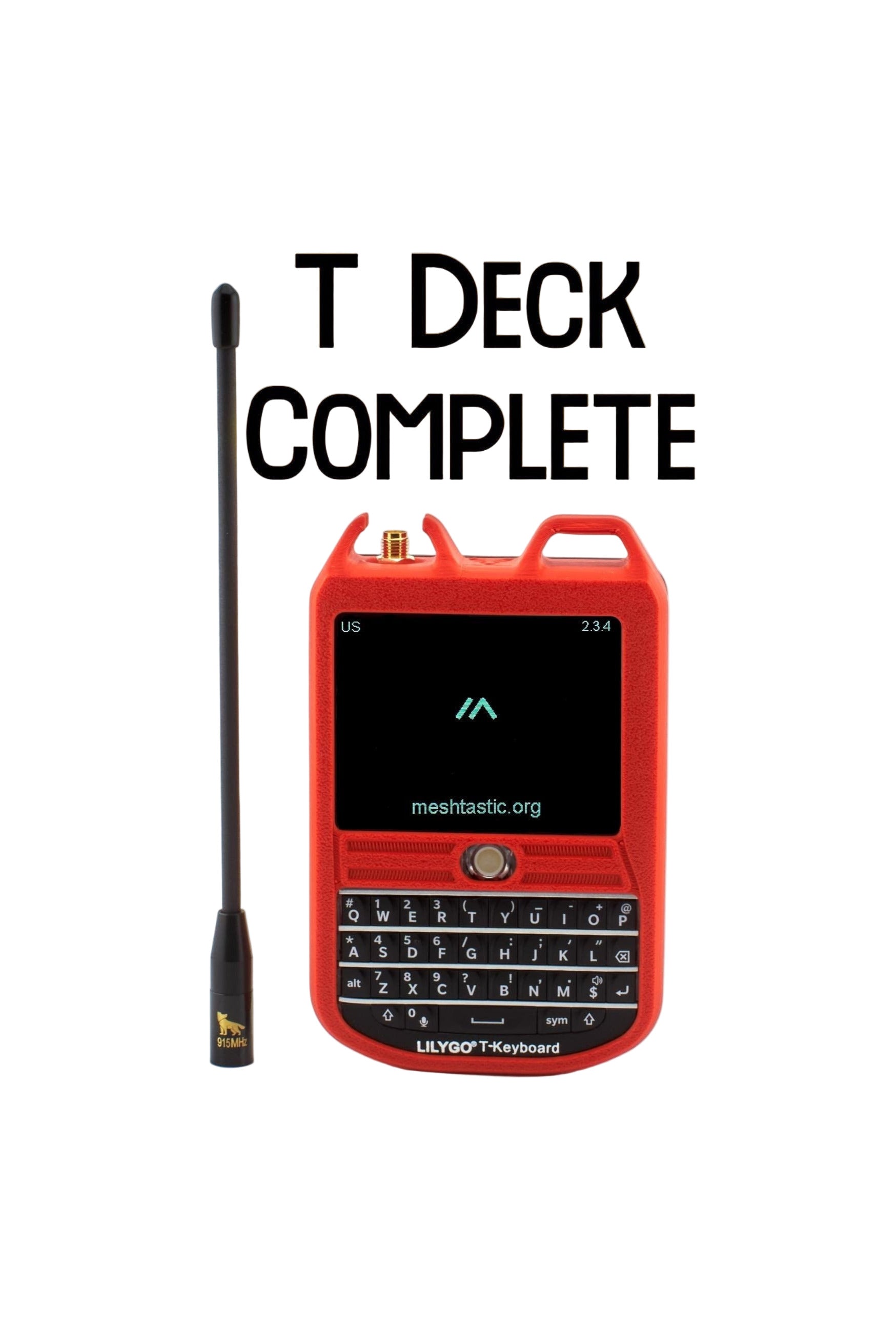 Red electronic device with keyboard and antenna on a white background, text 'T Deck Complete' above.