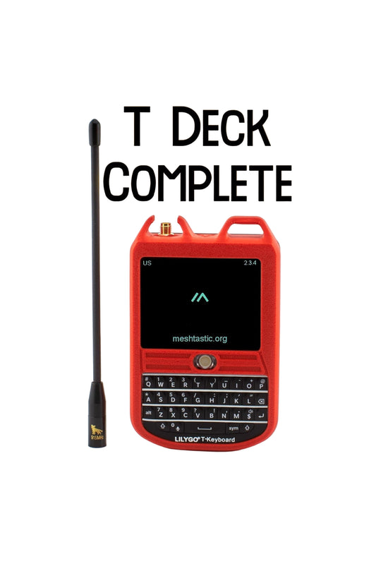 Red electronic device with keyboard and antenna on a white background, text 'T Deck Complete' above.