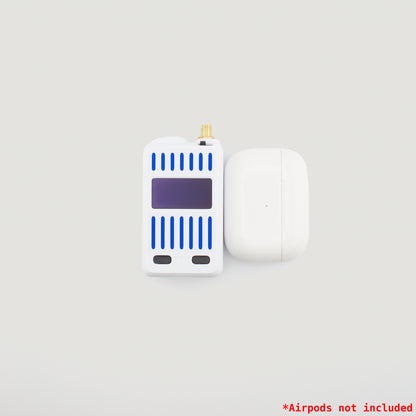 White electronic device with blue accents on a light gray background next to airpods WisMesh Board ONE mini box
