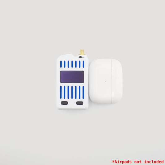 White electronic device with blue accents on a light gray background next to airpods WisMesh Board ONE mini box
