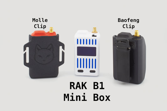 Three electronic devices labeled 'Molle Clip', 'BAOFENG Clip', and 'RAK B1 Mini Box' on a gray background.