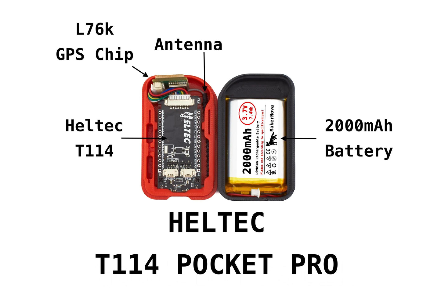 Diagram of HELTEC T114 Pocket Pro device with labeled components on a white background