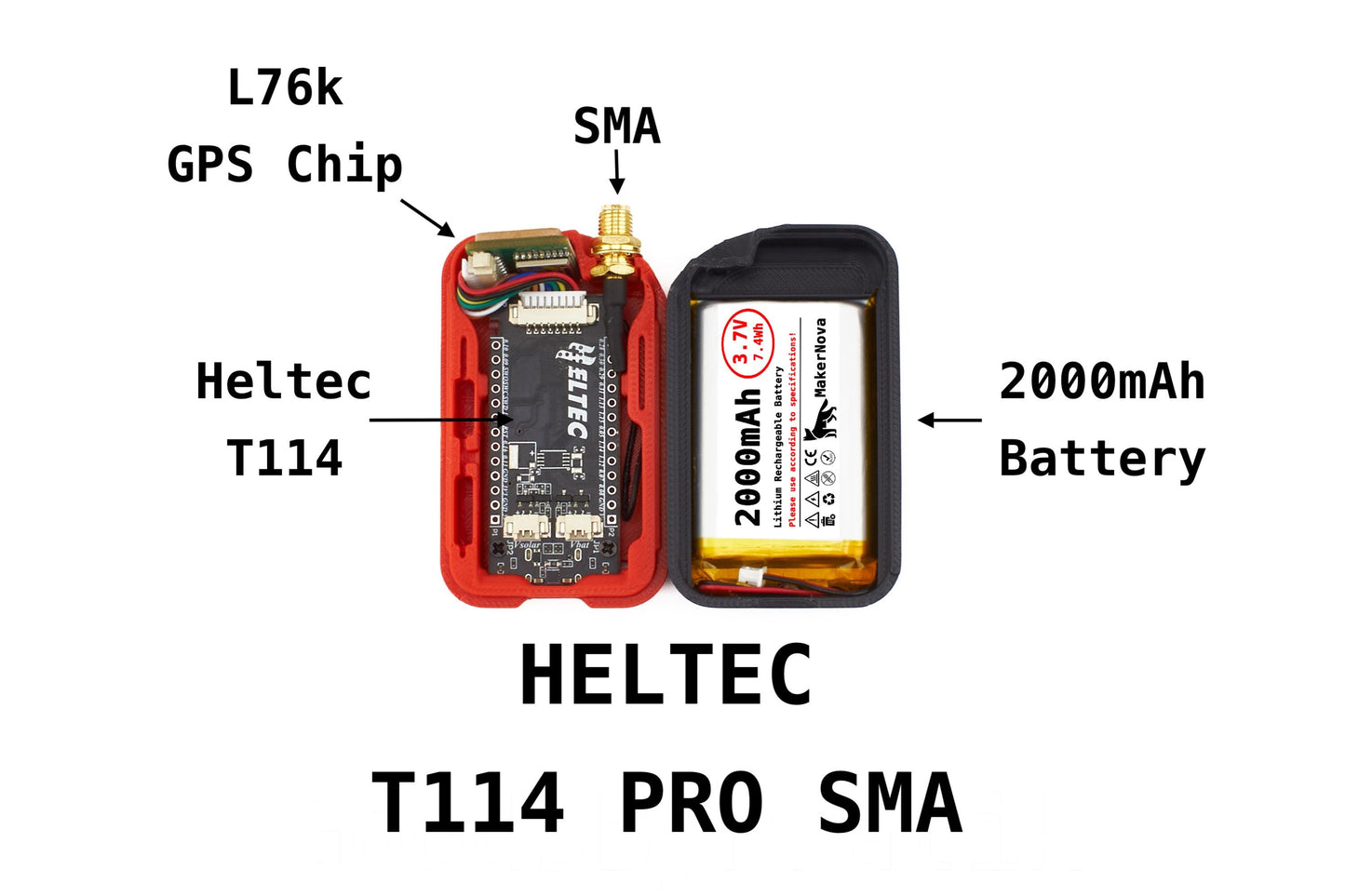 Heltec T114 PRO SMA electronic module with labeled components on a white background