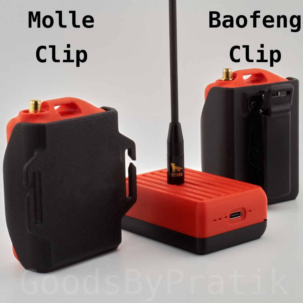 Two MakerNova Rak 19007 clips labeled 'Molle Clip' and 'Baofeng Clip' on a gray background.