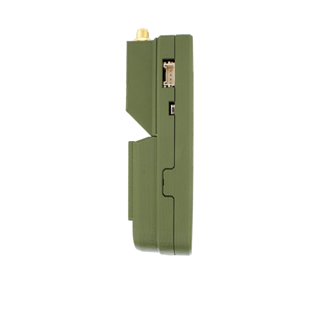 MakerNova Rugged olive T-Deck Meshtastic case side with reset switch exposed