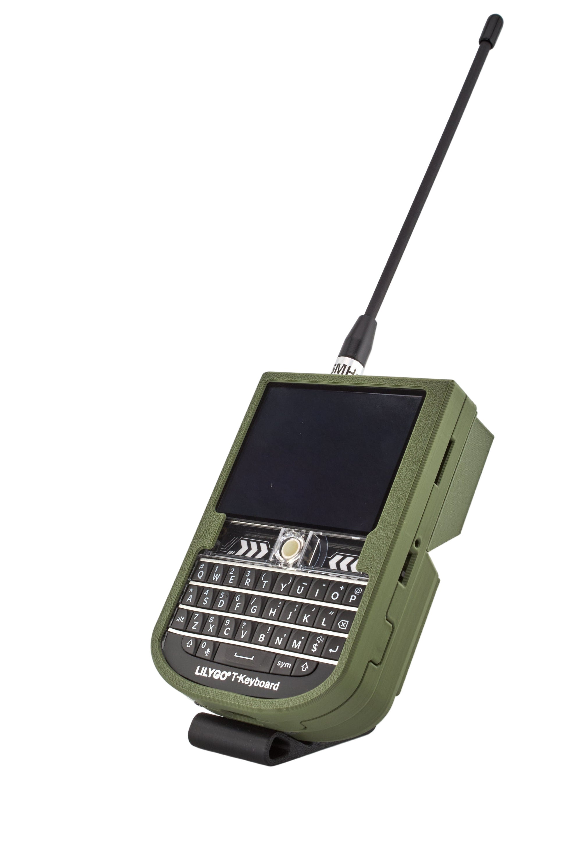 Green handheld device with keyboard and antenna on a white background