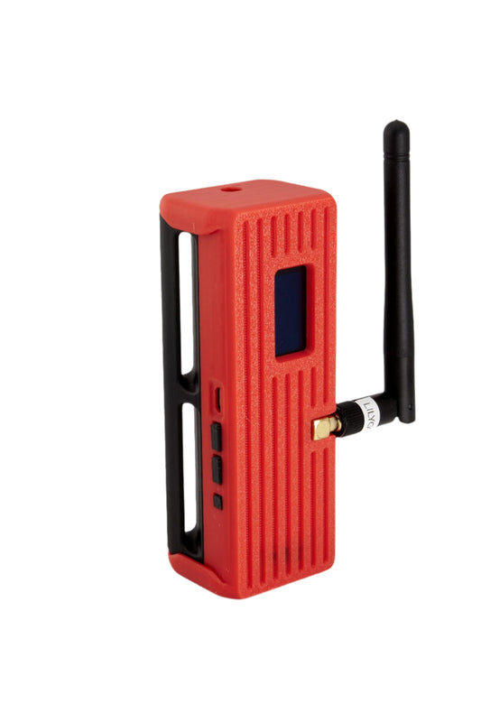 Red T beam device case with a black antenna on a white background