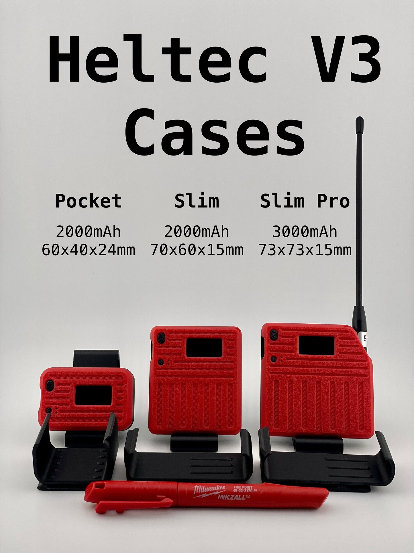 Red Heltec V3 cases with specifications on a gray background