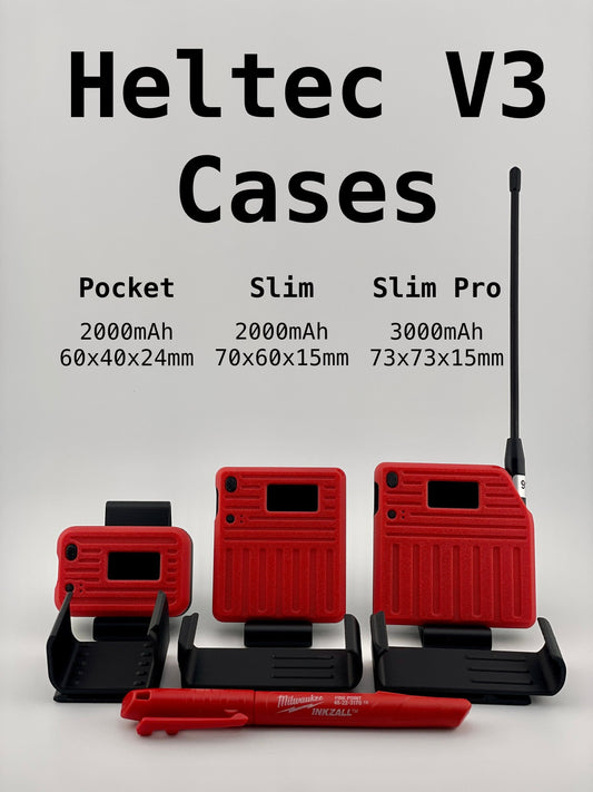 Red Heltec V3 cases with specifications on a gray background